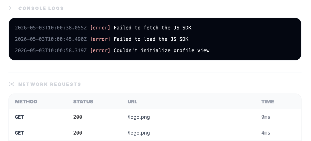 Console and network logs