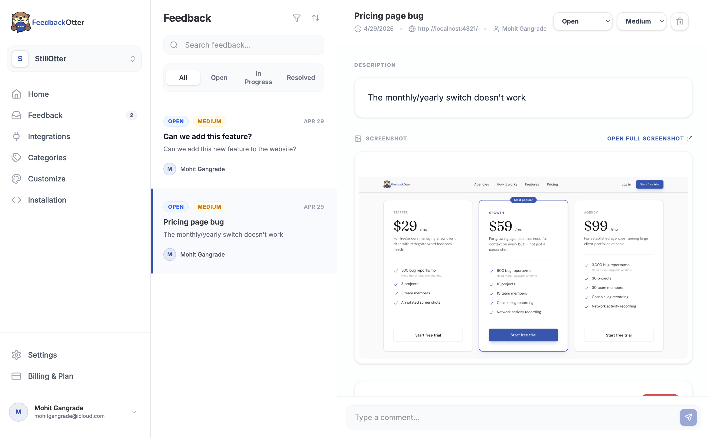 Feedback dashboard
